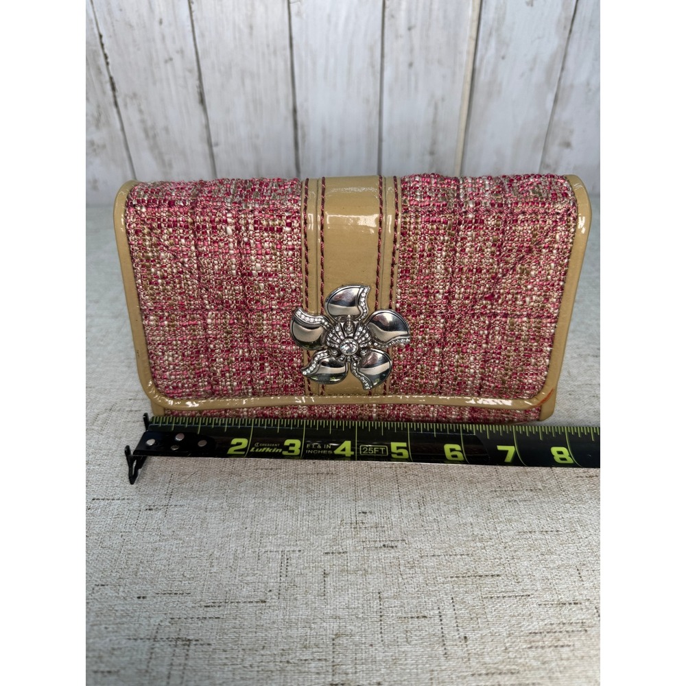 Brighton Tweed & Patent Leather Clutch Pink/Gold Silver Flower Brooch – No Strap - Picture 8 of 10